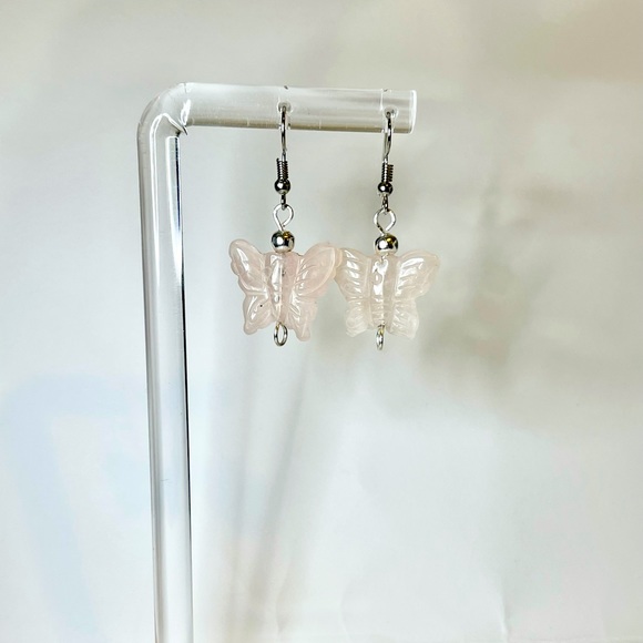 Carved Rose Quartz Butterfly Earrings - Picture 1 of 14